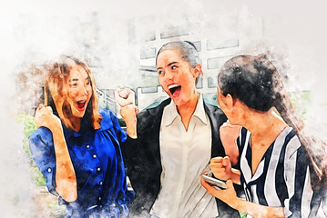 abstract happiness business woman friendship talking and working on smart phone watercolor illustration painting background.