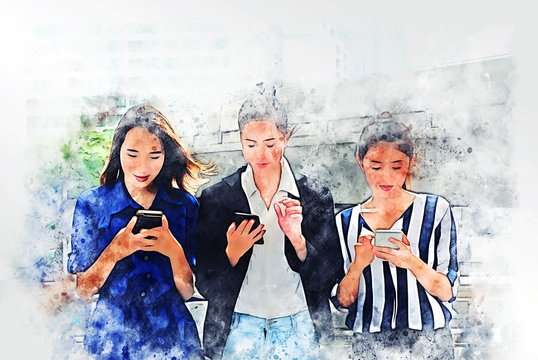 abstract happiness business woman friendship talking and working on smart phone watercolor illustration painting background.