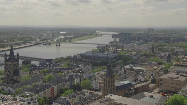 K&ouml;ln Panorama Skyline Drone South Rhein - Cologne, Germany Establisher 4K + Atmo