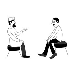 Doctor and man are talking. Vector black outline image.