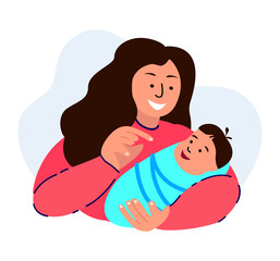 Happy Smiling Loving Woman Talking,Dandling, Playing with her Newborn Baby Caring,Nursing in Hands.Mother Lullaby.Mom and Child Postpartum Rehabilitation and Support.Birth Kid.Flat Vector Illustration