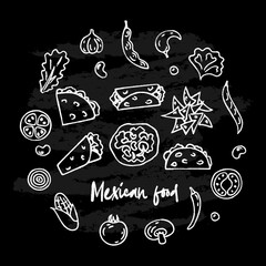 Hand drawn Mexican traditional food set with ingredients, burrito, tacos, quesadillas, nachos isolated on black chalk board background. Vector illustration for menu, poster, web.