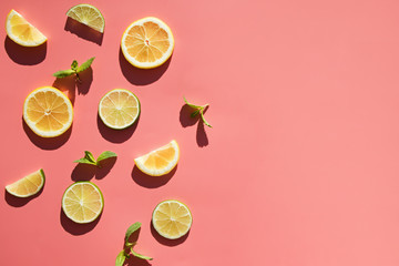 Sliced fruits kiwi, citrus and mint leaves on bright background