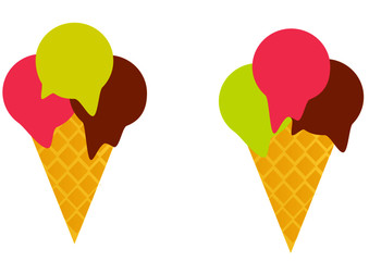 Cold ice cream in a cone. Red, vanilla and chocolate ice cream. Refreshing in the summer. Chilled delicacy. Summer. Vector. Illustrations.