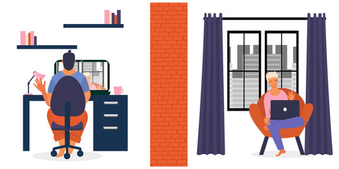 Online communication concept.  Man and woman talking online from your home. Male and female modern character video call each other from internet. Illustartion in flat style.
