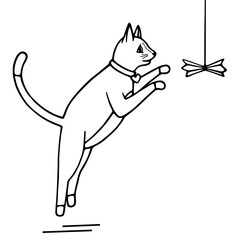 Hand-drawn vector illustration. Cute doodle cat jumping for a toy black line on a white background
