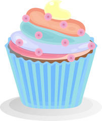Sweet cupcake.  Isolated on white background.  Muffin icon. Yummy dessert decorated. For design menu, cafe decoration,  greeting cards. Vector illustration