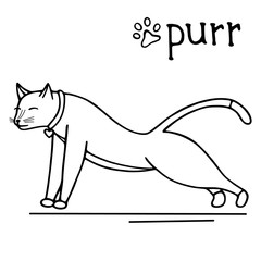 Hand-drawn vector illustration. Cute doodle cat stretches or stands in the bar black line on a white background