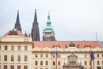 Nove Kralovsky Palac or New Royal Palace in Prague Castle (Prazsky Hrad), seen from its main entrance gate on Hradcany, a landmark of  Prague, Czech Republic