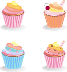 Sweet cupcake set.  Isolated on white background.  Muffin icon. Yummy dessert decorated with cherry, candy, creme, chocolate. For design menu, cafe decoration,  greeting cards. Vector illustration