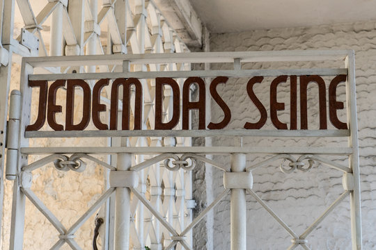 Entrance gate to the Buchenwald concentration camp with the historical lettering: To each their own