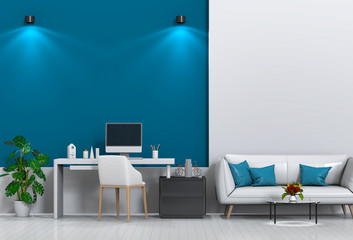 3D render of interior modern living room workspace with sofa, desk, desktop computer
