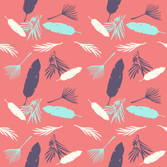 Hipster Tropical Vector Seamless Pattern. Monstera Dandelion Banana Leaves Feather Tropical Seamless Pattern. 