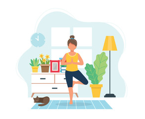 Stay home concept. Woman doing yoga in cozy modern interior. Vector illustration in flat style