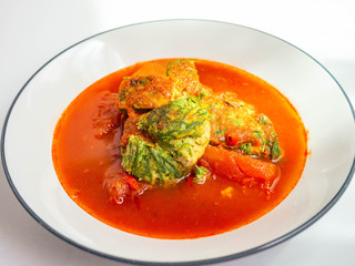 Thai food name Sour curry with
Cha Om Egg Taste sweet, salty, sour and spicy Mixture of paprika, papaya, eggs and Cha-om,Healthy food,immune system supplements,Background white