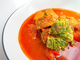 Thai food name Sour curry with
Cha Om Egg Taste sweet, salty, sour and spicy Mixture of paprika, papaya, eggs and Cha-om,Healthy food,immune system supplements,Background white