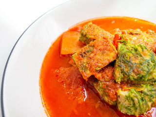 Thai food name Sour curry with
Cha Om Egg Taste sweet, salty, sour and spicy Mixture of paprika, papaya, eggs and Cha-om,Healthy food,immune system supplements,Background white