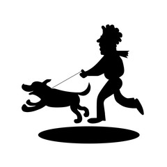 Man and Dog are running. Hand drawing silhouette illustration.