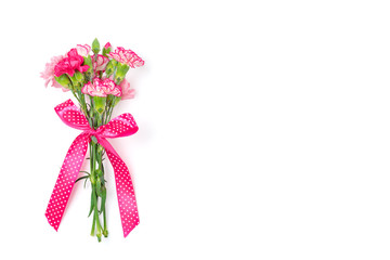 bouquet of different pink carnation flowers isolated on white background Top view Flat lay Holiday card 8 March, Happy Valentine's day, Mother's day concept