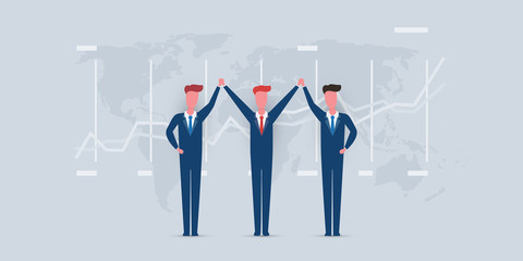 Cooperation, Teamwork, Help, Work Together Concept - Design with Successful Standing Business Men Hand in Hand, World Map and Chart Showing Financial Results