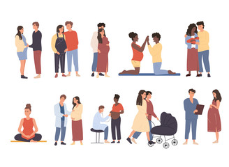 Large set of pregnant women and couples in various poses doing yoga, embracing, at the doctor and walking with a pram, colored vector illustrations