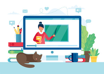 Online learning concept. Screen with female teacher and chalkboard, video lesson. Vector illustration in flat style