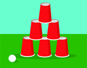 red cups pyramid american drinking game alcohol party drink ping pong beer on green table