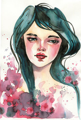 Illustratie die een portret van een mooi jong meisje afschildert.