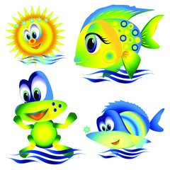 Fototapeta na wymiar Vector illustration of cartoon characters. Element for your design. Isolated objects. Fish, the frog and the sun.