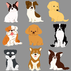 Set of cute dogs sitting in front view illustrations