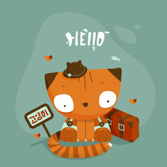 Vector Illustration of cute sad red cat in brown bowler hat, holding slate with word CAT in Corean. Concept of pet looking for new home or traveling greeting card