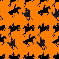 silhouettes of sports horses and riders isolated on a orange seamless background, pattern for decoration, Equestrian sports, show jumping