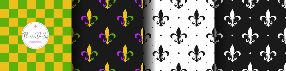 Set flower heraldic lily texture. Cell green, yellow seamless pattern. Fleur de lis royal symbol textile print. Vintage black and white wallpaper decor ornament. Vector illustration © Andrii