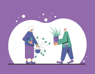Plant lover. Man with indor flower pot. Vector