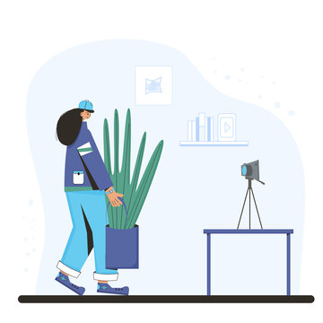 Plant lover. Man with indor flower pot. Vector
