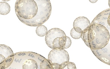 Bitcoin economic financial bubble. crypto currency 3D illustration. Business concept. Gold bubbles on white background. Bit, Coin, mining concept