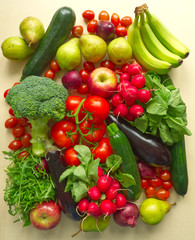 Assortment of raw fresh vegetable and fruits. Local market food on wooden background