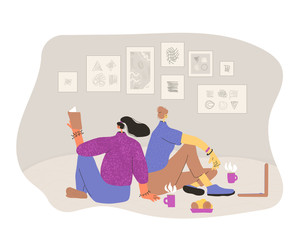 Girl sitting on the floor. Vector flat color