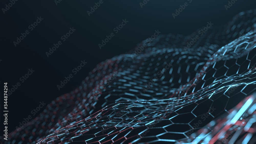 Poster 3d rendering of abstract structure hexagon geometry wire frame. mesh and lines in triangular shapes 