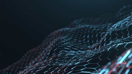 3D Rendering of abstract structure hexagon geometry wire frame. Mesh and lines in triangular shapes with depth of field and retro red blue light bokeh. Concept for technology or science background
