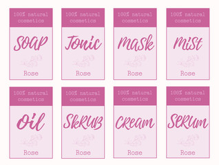 Set of labels for rose cosmetics packaging design. Organic cosmetics and natural care.