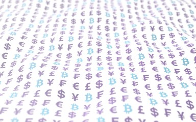 Bitcoin and currency on a white background. Digital crypto currency symbol. Wave effect, currency market fluctuations. Business concept. 3D illustration