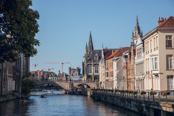 Fototapeta na wymiar GHENT, BELGIUM - August, 2019: Graslei is a dock in the historic city center of Ghent, Belgium in summer before cornoa crisis.