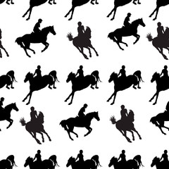 silhouettes of sports horses and riders isolated on a white seamless background, pattern for decoration, Equestrian sports, show jumping