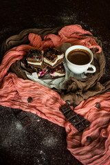 Sweet brownie dessert. Homemade pastries.