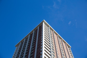 Fototapeta premium corner of a tall building with multiple square shaped windows seen from below