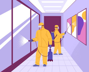 Covid-19 public space disinfection. Vector illustration of two men in hazmat suits cleaning and disinfecting coronavirus indoor. Isolated on background