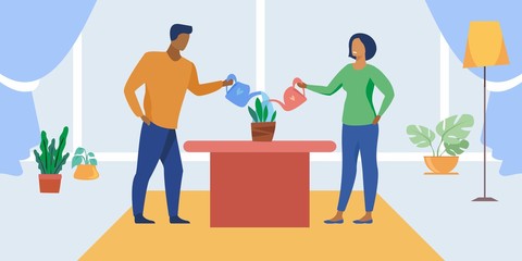 The family is engaged in household chores and watering flowers for self-isolation