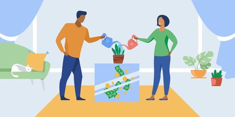 Illustration of a family budget. Husband and wife own money in a family piggy bank