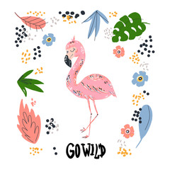 hand drawing pink flamingo with bouquet of tropical leaves and flowers on pastel mood, vector illustration isolated, floral elements